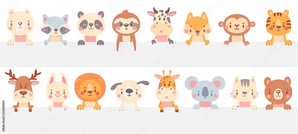 Cute animals look out. Funny animal peeps out, hand drawn pet, adorable cat and dog. Smiling bear, raccoon and fox vector illustration set. Muzzle lion and cat look out, pets adorable smiling Cute animals look out. Funny animal peeps out, hand drawn pet, adorable cat and dog. Smiling bear, raccoon and fox vector illustration set. Muzzle lion and cat look out, pets adorable smiling