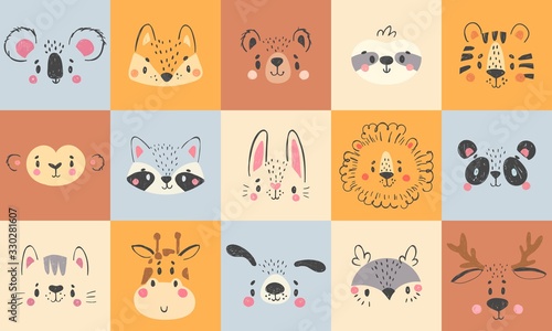 Fototapeta Naklejka Na Ścianę i Meble -  Cute animal portraits. Hand drawn happy animals faces, smiling bear, funny fox and koala cartoon vector illustration set. Face deer and lion drawing, rabbit and tiger wildlife