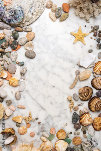 Seashells, starfish and sea pebbles frame, vertical composition of sea stones and seashells, marine composition, composition of seashells, starfish, jellyfish, vertical frame of sea shells, stones