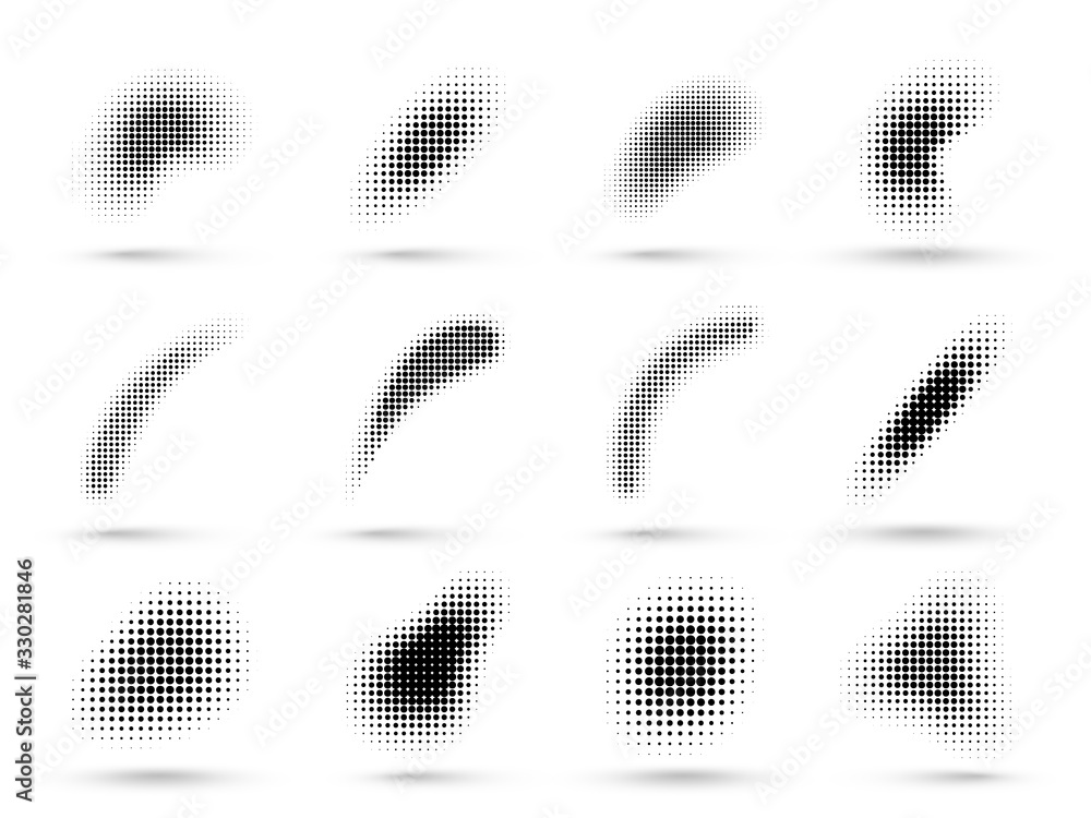 Abstract halftone shapes. Liquid shape with dotted halftones gradient texture, pop art and comic graphic dots vector set. Illustration dot gradient, fluid flex wave effect