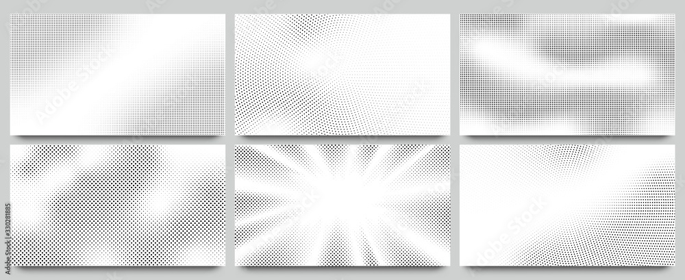Abstract halftone background. Wavy dots pattern, twisted dotted pattern and pop art or comic texture backdrop with halftones gradient vector set. Dots effect pattern, decoration layout illustration