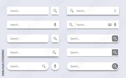 Search bar. Searching panel, website ui bars with shadows and quick search boxes template vector set. Search bar for web site interface, button panel illustration