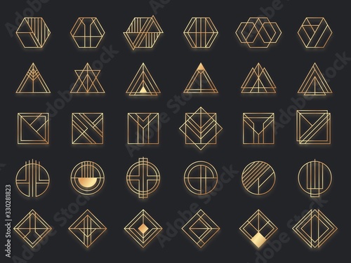 Art deco geometric shapes. Golden geometrical art shape, gold circle symbol and abstract triangle. Creative lines square and elegant geometrics rhombus vector. Geometric decoration frame illustration