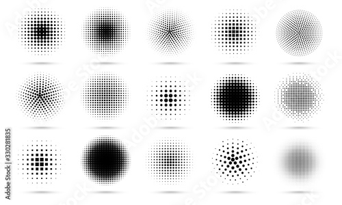Circle halftone. Abstract dotted circles, round halftones geometric dots gradient and pop art texture. Dot spray gradation vector set. Illustration halftone gradient spotted, effect round photo