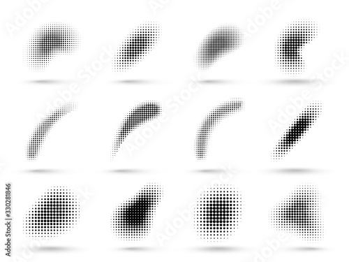 Abstract halftone shapes. Liquid shape with dotted halftones gradient texture, pop art and comic graphic dots vector set. Illustration dot gradient, fluid flex wave effect