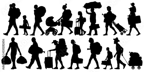Silhouette people with bags and suitcases. Person with backpack. Isolated set of vector illustration