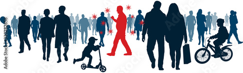 Virus infection coronavirus. Infecting society. Chinese disease. Mass congestion to people. Crowd of people. Silhouette vector illustration