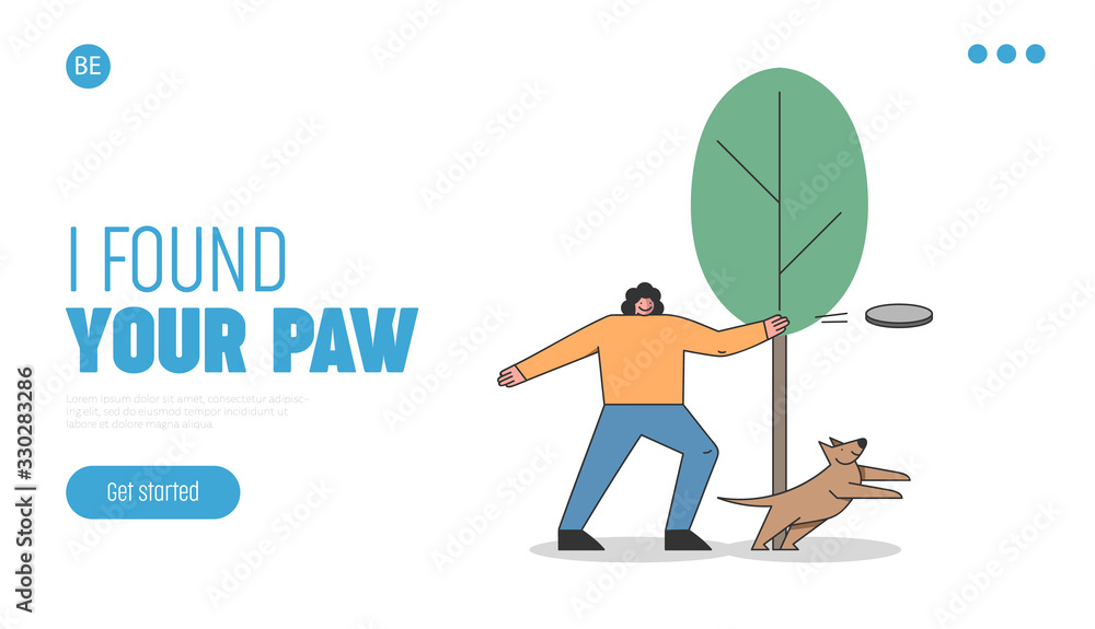 Dog Training Concept. Website Landing Page. Happy Woman Is Training The Dog In the City Park Or Area. Female Play With Dog in Public Park. Web Page Cartoon Linear Outline Flat Vector Illustration