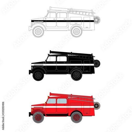 Fire truck, black and white and color, isolated on white background, vector illustration