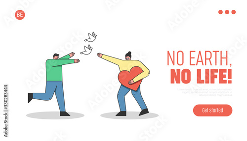 Concept Of Earth Day, Environment protection. Website Landing Page. People Are Celebrating Earth Day. Man And Woman Release The Pigeon. Web Page Cartoon Linear Outline Flat Style. Vector Illustration