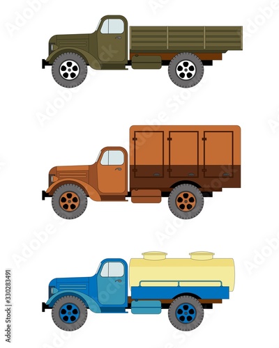 Trucks with different body options, set, isolated on white background, vector illustration