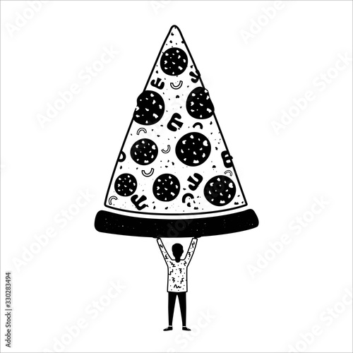 Vector illustration with boy holding big piece of pizza with mushrooms and sausages.