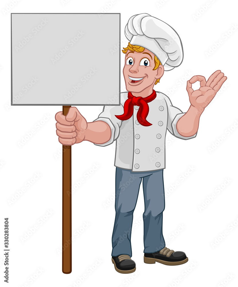A chef cook or baker man cartoon character giving a perfect or okay chefs hand sign and holding a signboard A chef cook or baker man cartoon character giving a perfect or okay chefs hand sign and holding a signboard