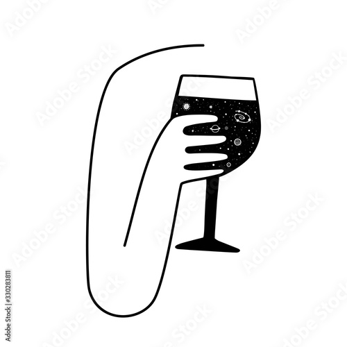 Vector black and white illustration with human hand holding glass of wine with planets, galaxy, stars and other space objects.
