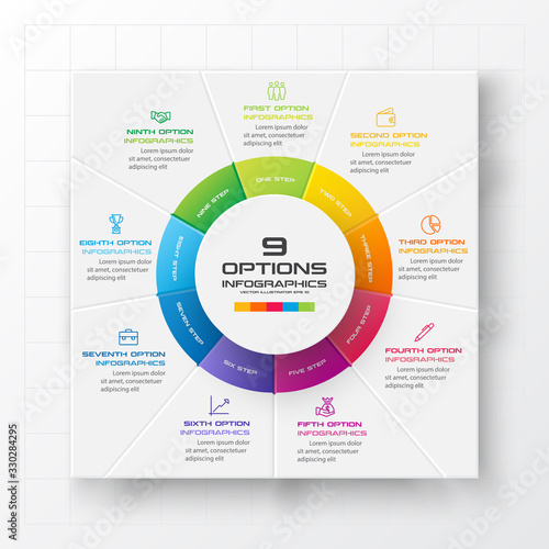 Business infographics template 9 steps with square,Element for design invitations,Vector illustration.