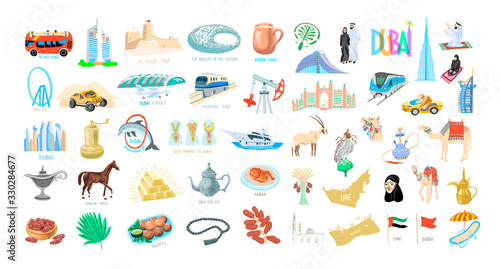 set of 50 hand drawing icon symbol from Dubai, United Arab Emirates