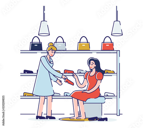 Concept Of Shopping In Footwear Store. Shop Assistant Helps To Choose And Try on Shoes To Woman in Footgear Store. Shop With Shoes And Accessories. Cartoon Linear Outline Flat Vector Illustration