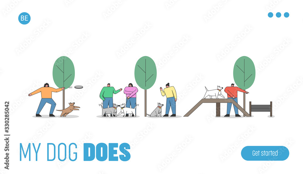 Dog Training Concept. Website Landing Page. Happy People Are Training Dogs In the Special Dog Park. Men And Women Train Pets in Dog Training Park. Web Page Cartoon Linear Outline Vector Illustration