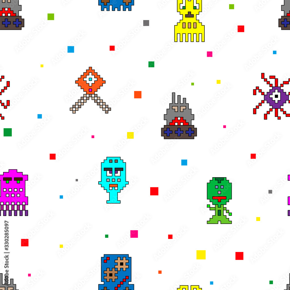 Seamless pattern with monsters and robots. Vector illustration on white background. Seamless pattern with monsters and robots. Vector illustration on white background.