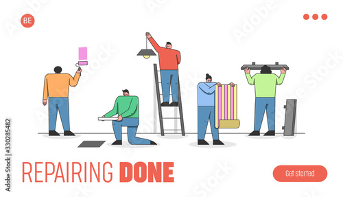 Home Repair, Modernisation Of a House. Website Landing Page. Repair People Paint Walls, Put Tile, Install Ceiling Light, Fix Wallpaper And Shelves. Web Page Cartoon Linear Outline Vector Illustration
