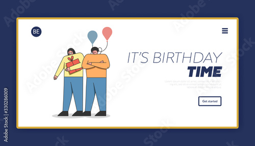 Happy Birthday Party Celebration Concept. Website Landing Page. Couple With Gift Box And Balloons. Woman Prepare A Present For Man. Web Page Cartoon Linear Outline Flat Style. Vector Illustration