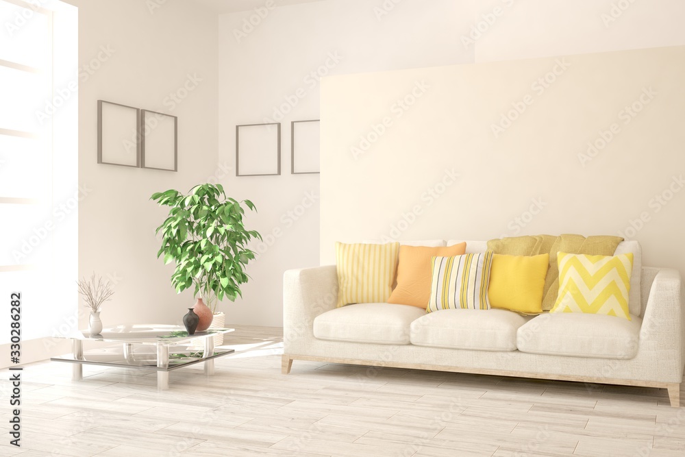 Fototapeta premium Modern living room in white color with sofa. Scandinavian interior design. 3D illustration