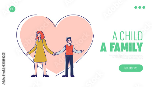 Concept Of Care, Love And Adoption. Mother And Son On The Big Heart Background. Website Landing Page. Woman Has Adopted Child From Orphanage. Web Page Cartoon Outline Linear Flat Vector Illustration