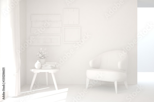 Mock up of stylish room in white color with armchair. Scandinavian interior design. 3D illustration