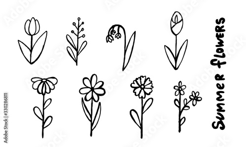 set of simple summer flowers drawings. abstract flower illustration. hand drawn vector art.
