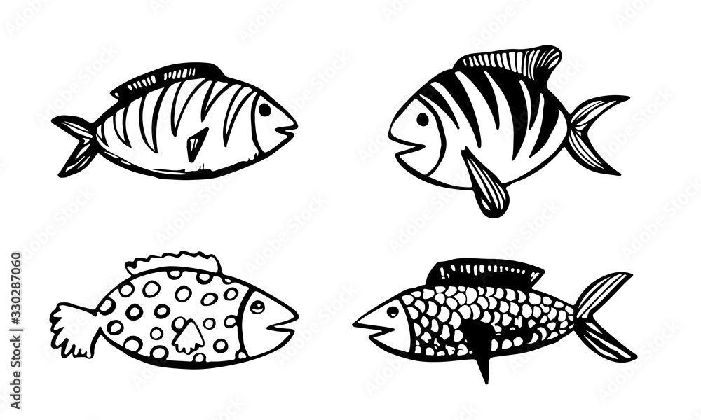 Obraz premium Vector hand drawn doodle fish icon. Logo design template. Cute hand drawn childish linear illustration for print, web