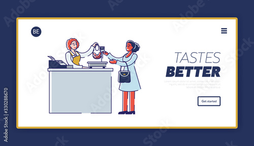 Butchery Shop Concept. Woman is Buying Meat Products, Standing At Register In The Shop. Website Landing Page. Shop Assistant Sale Products. Web Page Cartoon Linear Outline Flat Vector Illustration