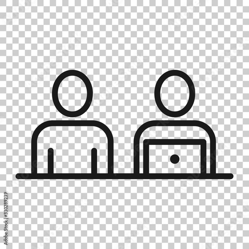 People with laptop computer icon in flat style. Pc user vector illustration on white isolated background. Office manager business concept.