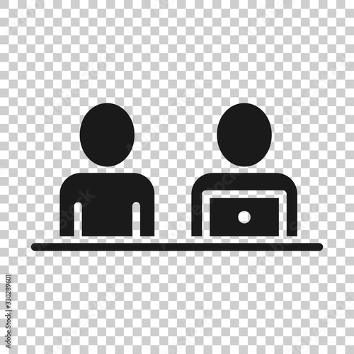 People with laptop computer icon in flat style. Pc user vector illustration on white isolated background. Office manager business concept.