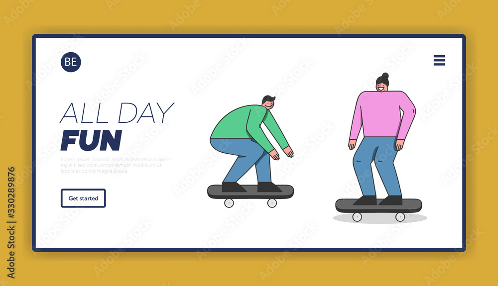 Concept Of Skateboard Riding. Website Landing Page. Teenagers Skateboarders Riding Skateboard. Friends Make Stunts on Board in The Skatepark. Web Page Cartoon Outline Linear Flat Vector Illustration
