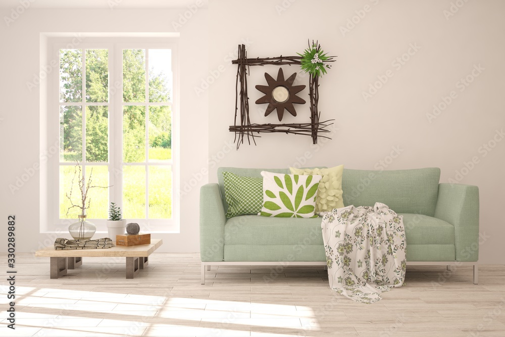 Minimalist living room in white color with sofa and summer landscape in window. Scandinavian interior design. 3D illustration - obrazy, fototapety, plakaty 