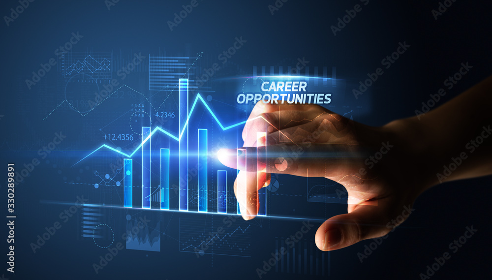 Fototapeta premium Hand touching CAREER OPPORTUNITIES button, business concept