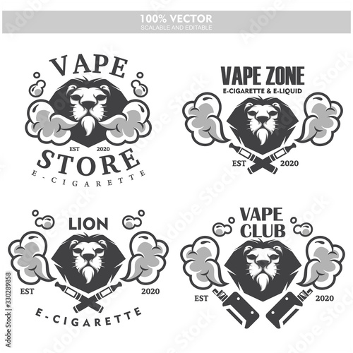 Lion head vapor e-cigarette vape vaporizer cigarette vape vaporizer electrical electronic smoke vaping label set Vintage style logo. Scalable and editable Vector illustration.