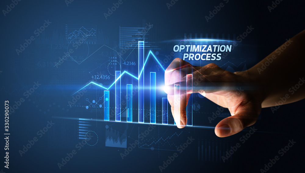 Fototapeta premium Hand touching OPTIMIZATION PROCESS button, business concept