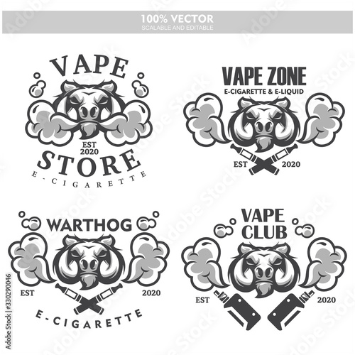 Warthog head vapor e-cigarette vape vaporizer cigarette vape vaporizer electrical electronic smoke vaping label set Vintage style logo. Scalable and editable Vector illustration.