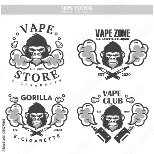 Gorilla head vapor e-cigarette vape vaporizer cigarette vape vaporizer electrical electronic smoke vaping label set Vintage style logo. Scalable and editable Vector illustration.