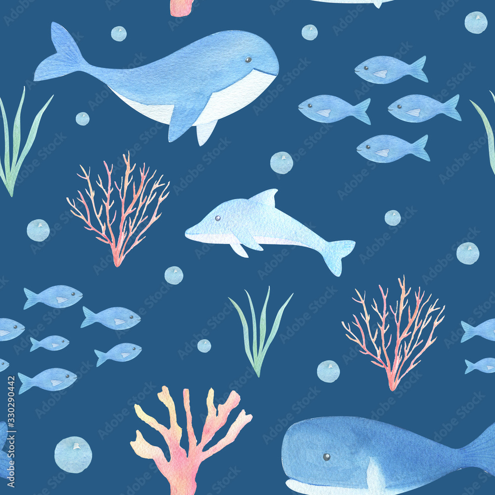 Sea creatures seamless pattern. Watercolor hand drawn ocean, sea animals  background for children, kids, nursery. Underwater pattern with whale,  fish, coral on blue background. Stock Illustration | Adobe Stock