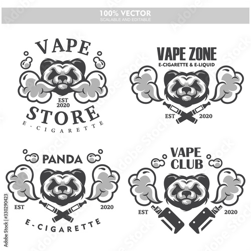Panda head vapor e-cigarette vape vaporizer cigarette vape vaporizer electrical electronic smoke vaping label set Vintage style logo. Scalable and editable Vector illustration.