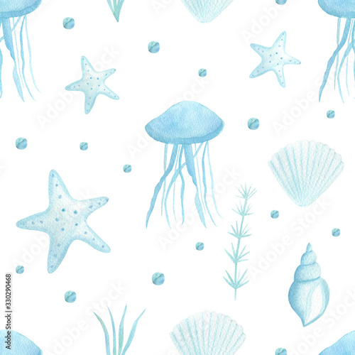 Photography Cute watercolor seamless pattern with sea creatures for children