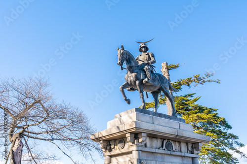 Date Masamune monument riding on a horse located in Ruin of the old Sendai Aoba castle.