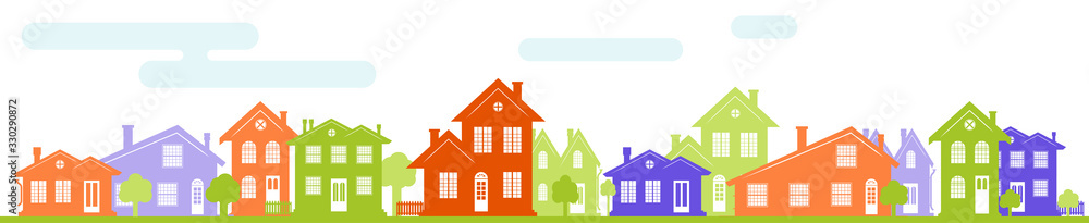 A charming street in the U.S. with houses of different design and architecture. Many options of windows and doors. A header for a website or an article about real estate. A wide panorama. A charming street in the U.S. with houses of different design and architecture. Many options of windows and doors. A header for a website or an article about real estate. A wide panorama.