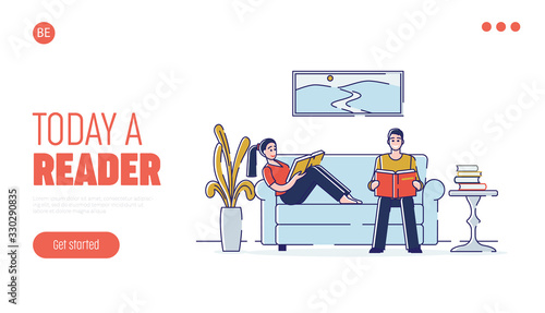 Concept Of Education, Read Books. Website Landing Page. Book Festival of Students. People are Learning, Reading Books On the Coach At Home. Web Page Cartoon Linear Outline Flat Vector Illustration