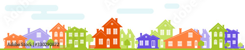 A charming street in the U.S. with houses of different design and architecture. Many options of windows and doors. A header for a website or an article about real estate. A wide panorama.