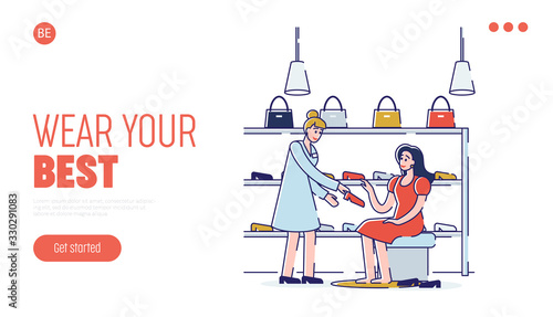Concept Of Shopping In Footwear Store. Website Landing Page. Shop Assistant Helps To Choose And Try on Shoes To Woman in The Footgear Store. Web Page Cartoon Linear Outline Flat Vector Illustration