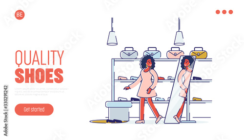 Concept Of Shopping In Footwear And Accessories Store. Website Landing Page. Woman is Trying On Shoes Before The Mirror in Footgear Store. Web Page Cartoon Linear Outline Flat Vector Illustration