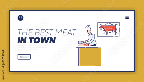 Butchery Shop Concept. Website Landing Page. Butcher Is Cutting Beef Meat. Fresh Assortment Of Various Types of Meat With Beef Cuts Diagram. Web Page Cartoon Linear Outline Flat Vector Illustration